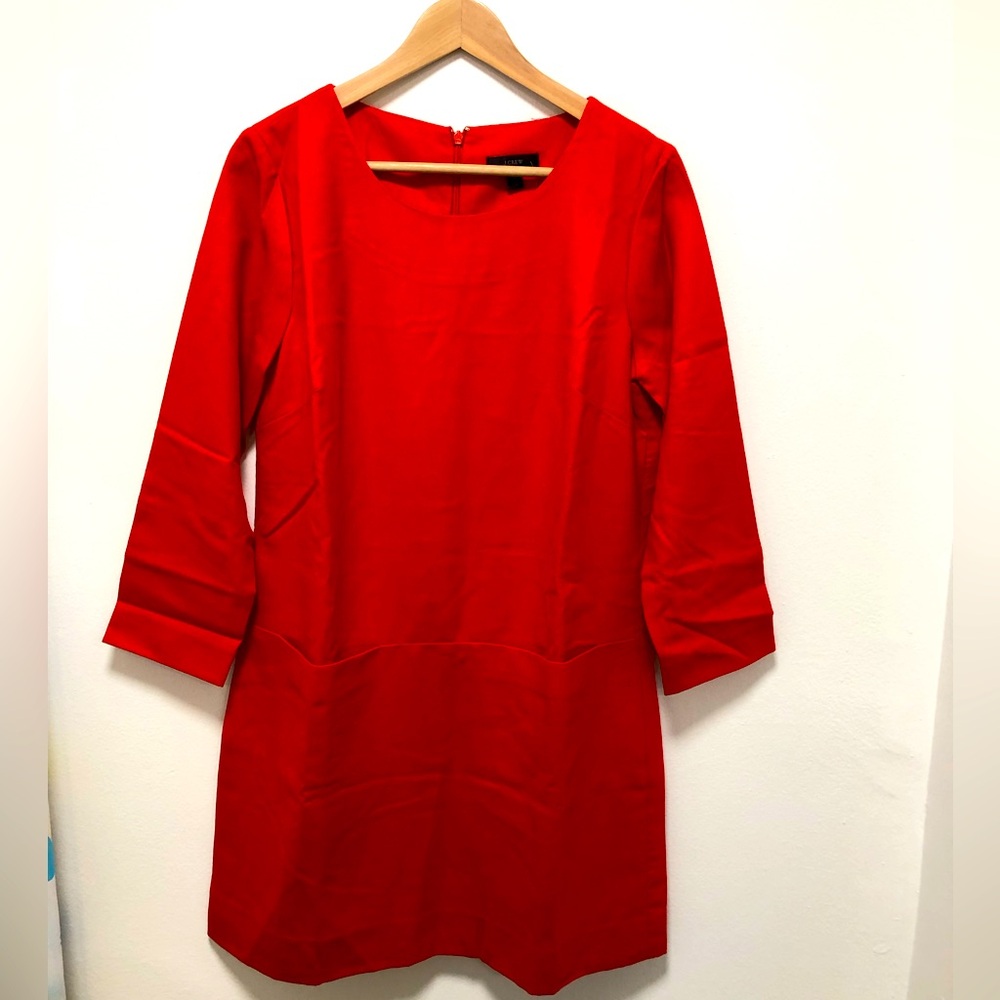 J. Crew sheath dress, red, size 6, 97% wool, round neckline, 3-quarter sleeves.